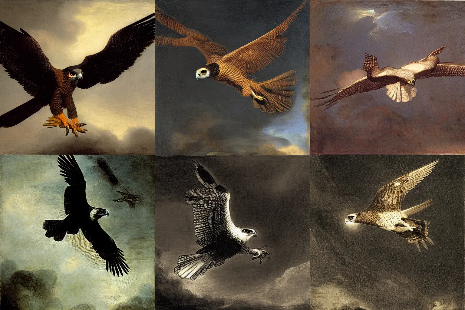 Prompt: a falcon flying in circles. dark painting by rembrandt van rijn and terry moore.