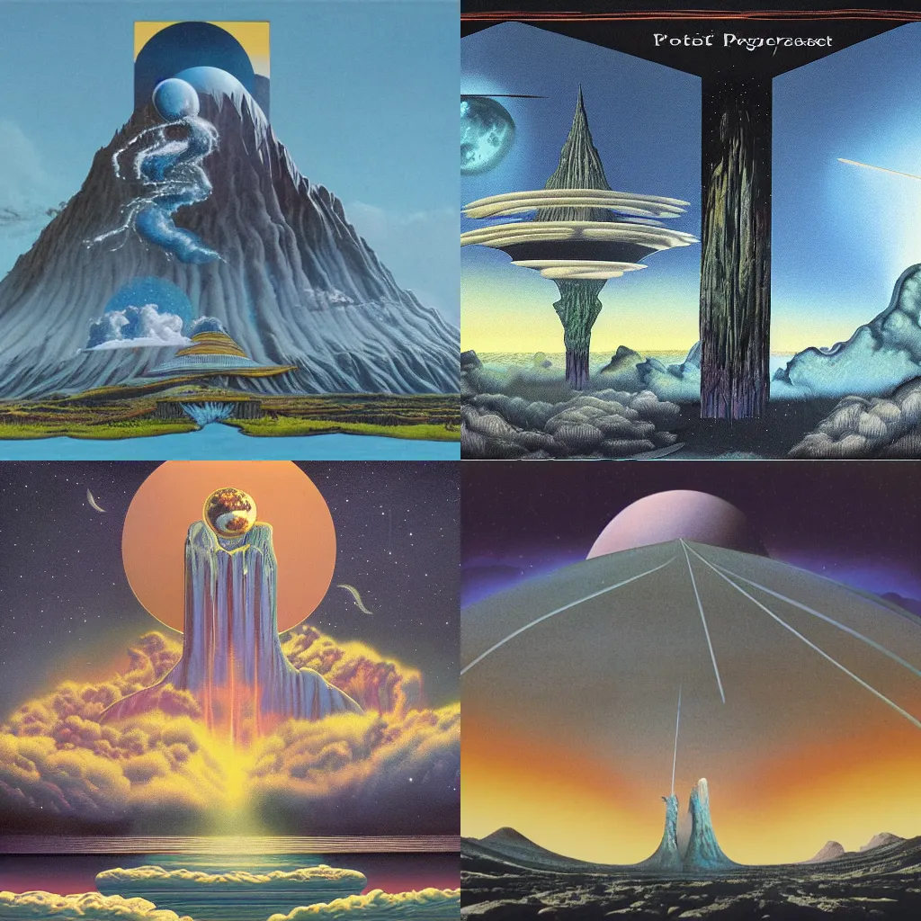 Prompt: illustrated matte painting of a progressive rock album cover, 1 9 7 0 s