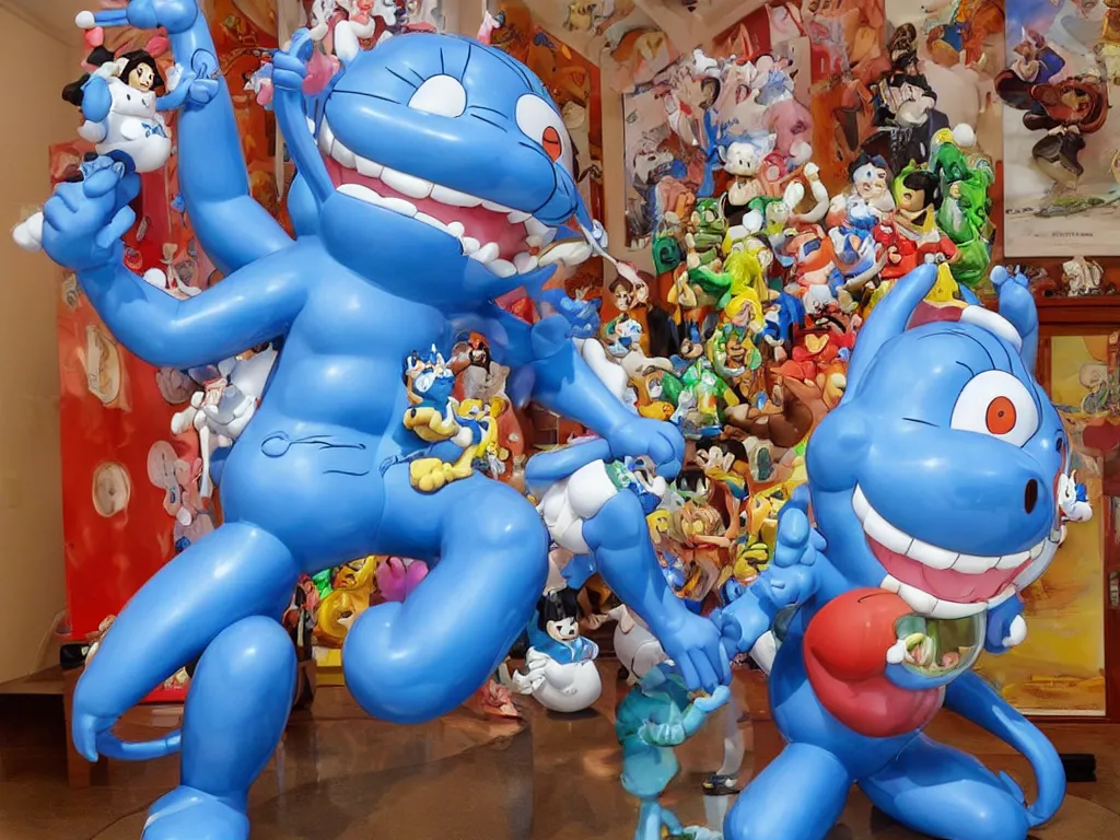 Prompt: Jeff Koons Doraemon Dorami Street Sharks Fractal Dragon statue, in the style of Hajime Sorayama, Max Fleischer