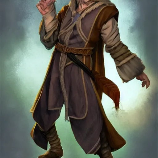 Prompt: Tarski Fiume, half-elf Time Wizard who looks like a young John Malkovich but with short brown hair and a beard, iconic character art by Wayne Reynolds for Paizo Pathfinder RPG