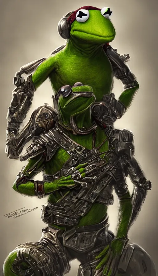 Image similar to Kermit cyborg warrior, insane, intricate, highly detailed, digital painting, artstation, concept art, smooth, sharp focus, illustration, Unreal Engine 5, 8K