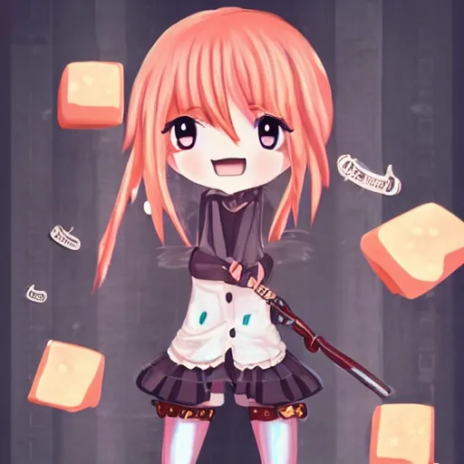 Image similar to anime girl with steampunk weapons stabbing giant marshmallows, surreal, lush, cute animation, anime, finely detailed, steampunk armor, copper, particles,