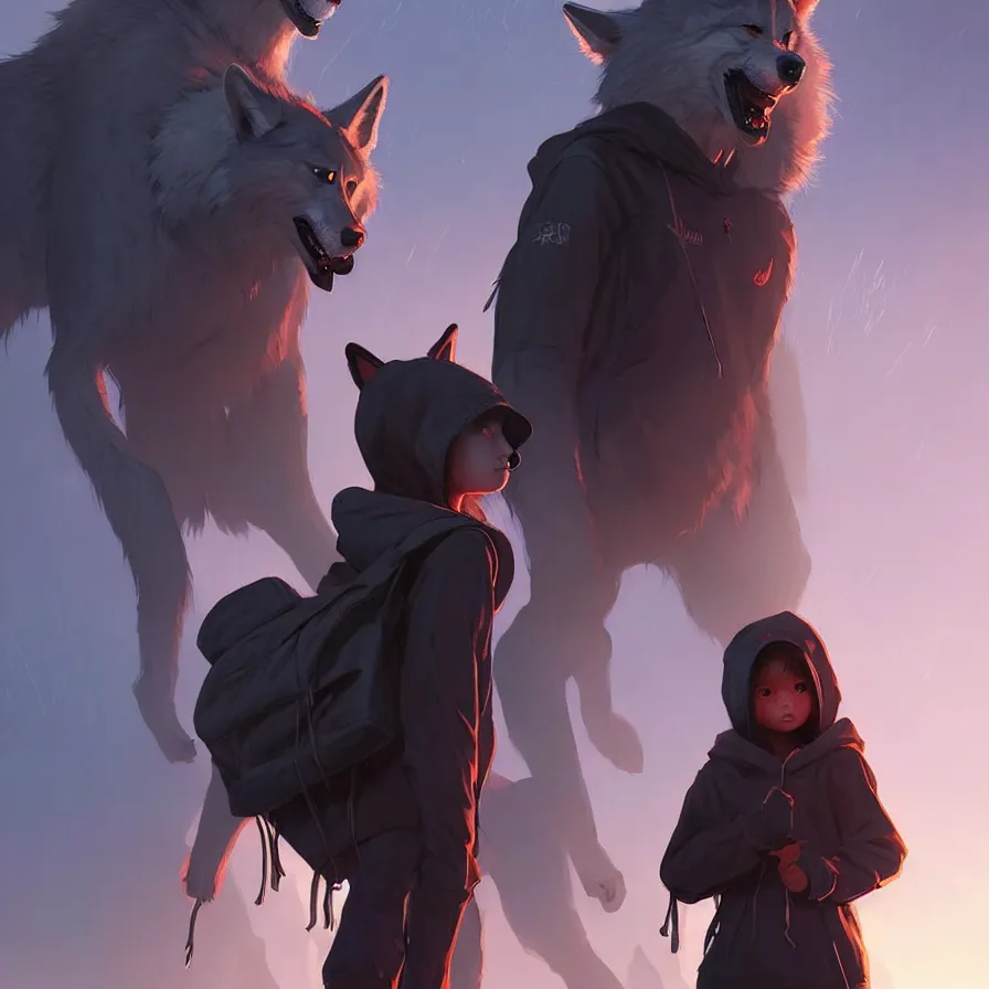 Prompt: brave young girl, wearing an oversized hoodie, backpack, standing near a tall wolflike beast, apocalyptic setting, bokeh, cinematic lighting, sharp focus, character art, illustration, digital art painting, trending on artstation, by masamune shirow, by greg rutkowski, by artgerm.