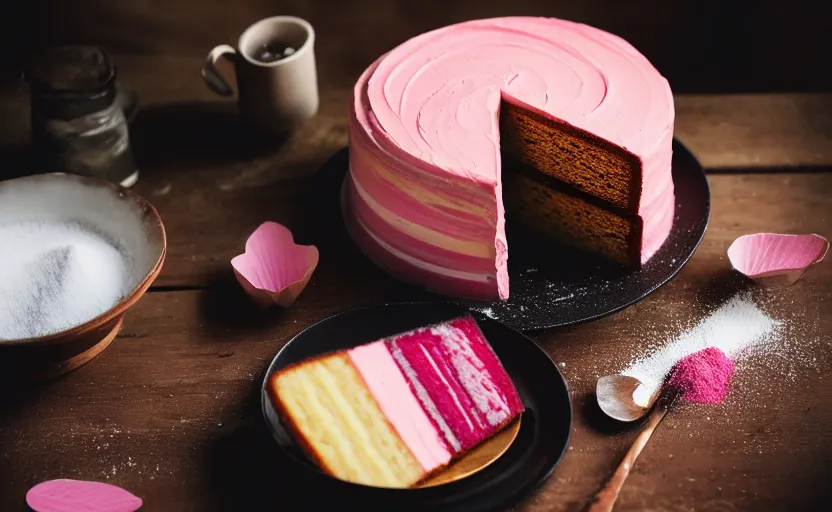 Image similar to A photo of a swedish cake from the side on a wooden table, covered with pink marzipan, some powder sugar and a marzipan leaf. Sunset. 4K. Cinematic lighting. High detail. Realistic. Delicious.