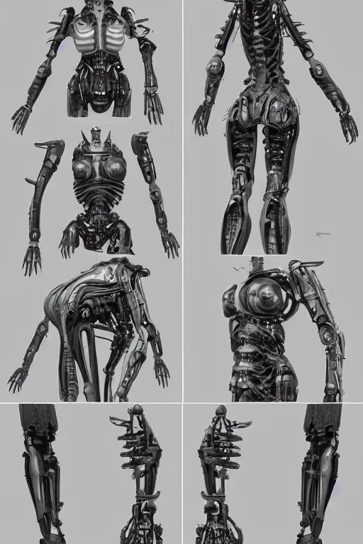 Image similar to septum nose piercing!! cyborg female with gunmetal grey skin, medical anatomy, paneled face, highly detailed, mecha, mechanical implants, three - perspective / three - view reference sheet ( front / back / side ), in the style of dan ouellette, dren from splice, hr giger, sil from species, artstation, unreal engine