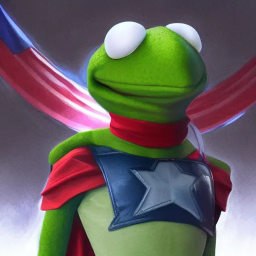 Image similar to Kermit the Frog is dressed up Captain America hyperdetailed, artstation, cgsociety, 8k