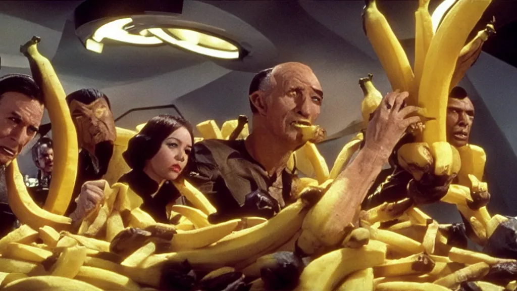 Prompt: a giant monster made of bananas and fries killing crew on star trek, film still from the movie directed by Denis Villeneuve with art direction by Salvador Dalí, wide lens