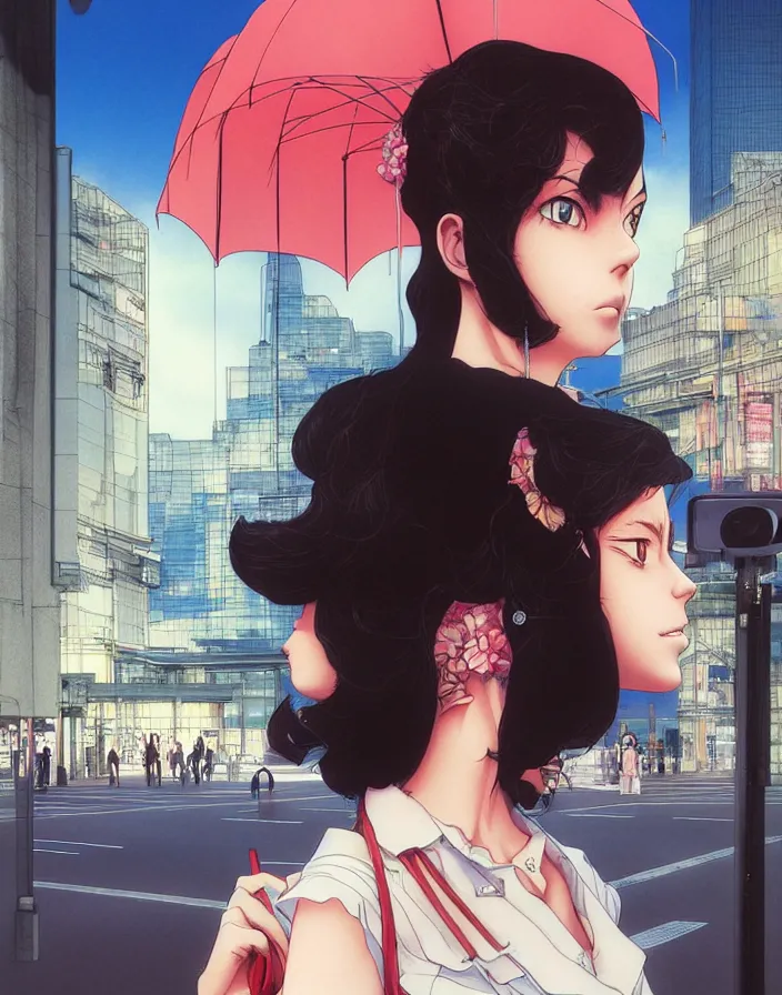 Image similar to portrait of a snobby rich mexican girl standing at a bus stop, by katsuhiro otomo, yoshitaka amano, nico tanigawa, and artgerm rendered with 3 d effect, sweet artpiece.