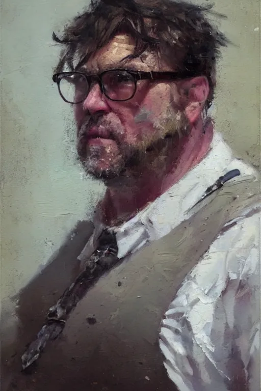 Prompt: a beautiful oil painting by jeremy mann and greg rutkowski of a 5 5 years old stocky philosopher and multitalent figure, stubble, suspenders, glasses, with few magenta highlights, oil on canvas