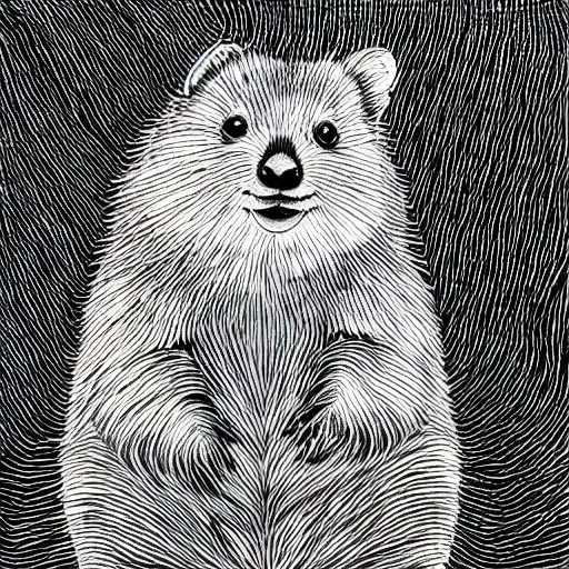 Image similar to monochromatic illustration of a happy quokka, one line, line drawing, unbroken, minimalist, white background, black and white