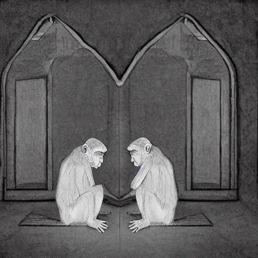 Image similar to two macaques looking at each other inside ancient medieval house, digital art, soft shadows, creepy art, drawn by shadman