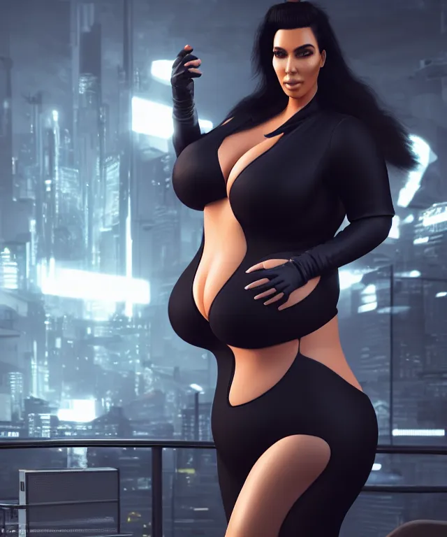 Image similar to obese kim kardashian, subsurface scattering, cyberpunk, dogpunk, unreal engine, octane render, artstation, highly detailed, 4 k post - processing, 8 k resolution, insanely detailed and intricate, hypermaximalist, shiny surfaces, smooth gradients, elegant, hd quality, no bokeh