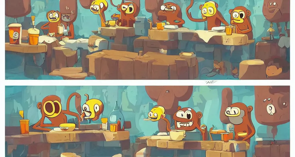 Image similar to cartoon monkeys drinking lots of coffee in the style of adventure time, the amazing world of gumball, pixar, toki doki, greg rutkowski and makoto shinkai, trending on artstation