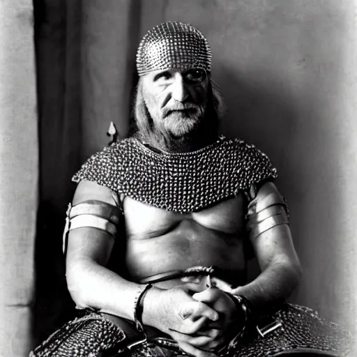 Image similar to a man wearing full chainmail, sitting in waitin room, film still