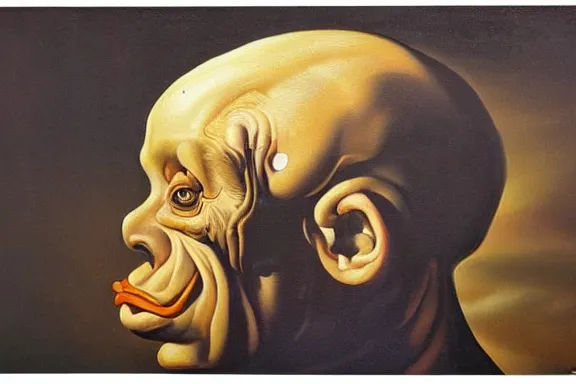 Image similar to oil painting with black background by christian rex van dali todd schorr of a chiaroscuro portrait of an extremely bizarre disturbing mutated man with acne intense chiaroscuro obscuring features lighting perfect composition masterpiece