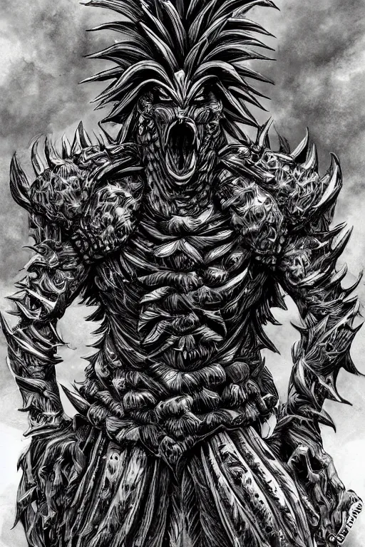 Prompt: screeching pineapple humanoid figure monster wearing themed armour, symmetrical, highly detailed, digital art, sharp focus, trending on art station, kentaro miura manga art style