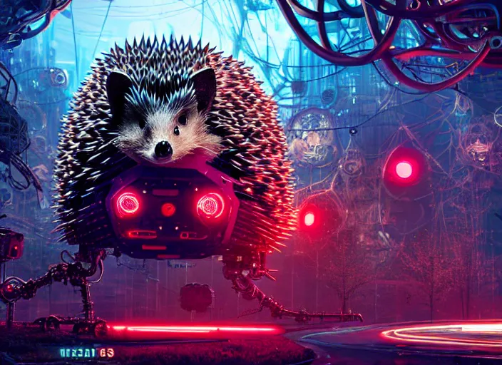 Prompt: giant intricate mechanical hedgehog with cybernetic enhancements and visible gears and fiber optics, on the background of a weird magical mechanical forest. Very detailed 8k. Fantasy cyberpunk horror. Sharp. Cinematic post-processing. Unreal engine. Nanite. Ray tracing. Parallax. Tessellation