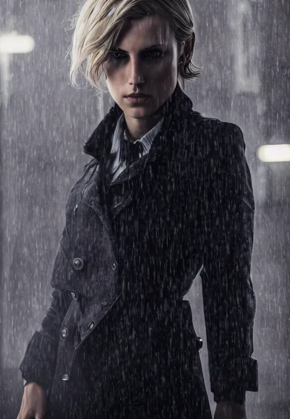 Image similar to cosmopolitan model annie leonhart posing in dunwall city, beautiful face, detailed face, realistic eyes, cinematic lighting, rainy weather, melancholy atmosphere, volumetric light, gothic architecture, realistic reflections, model agency, instagram photo, depression atmosphere, shot on sony a 7