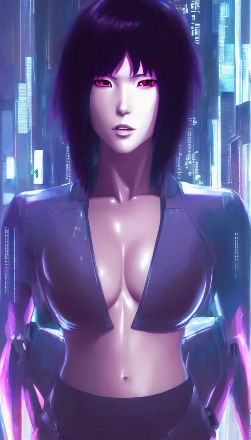 Image similar to a still fullbody portrait of motoko kusanagi ghost in the shell, finely detailed features, closeup at the faces, perfect art, at a cyberpunk city, gapmoe yandere grimdark, trending on pixiv fanbox, by ilya kuvshinov, rossdraws, artgerm