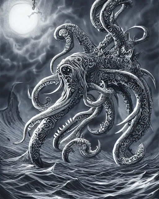 Image similar to A huge blue kraken in a vast sea, terrifying, black and white, fantasy art, monster art, in the style of masami kurumada, illustration, epic, fantasy, intricate, hyper detailed, artstation, concept art, smooth, sharp focus, ray tracing