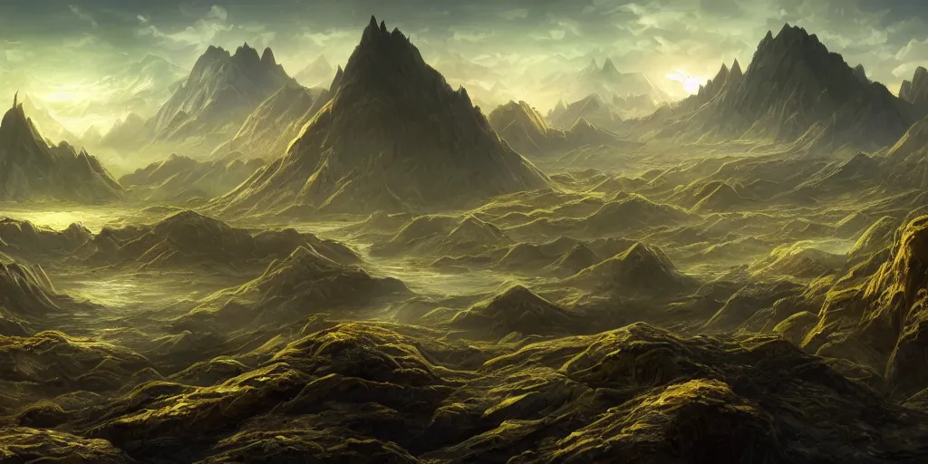 Image similar to The eldritch landscape with mountains in the background and great river down the middle, Sci-Fi fantasy desktop wallpaper, painted, 4k, high detail, sharp focus