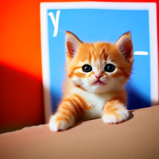 Image similar to cute fluffy orange tabby kitten with a sign that says