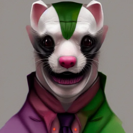 Image similar to A ferret is dressed up as the Joker from The Dark Knight, hyperdetailed, artstation, cgsociety, 8k