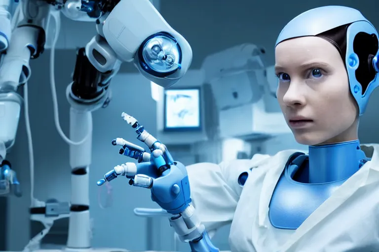 Image similar to promotional image from a sci - fi movie, a cyborg girl on the operation table in a dark dystopian lab, soft blue light, a cyborg surgeon robot, medical equipment, 8 k, cinematic, very detailed face, movie still frame, promotional image, imax 7 0 mm footage