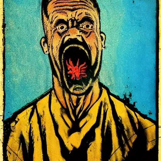 Image similar to selfie, radiation eats a funny ugly ukrainian alive wild pain and despair, painted in dirty yellow - blue colors against the backdrop of a huge nuclear explosion