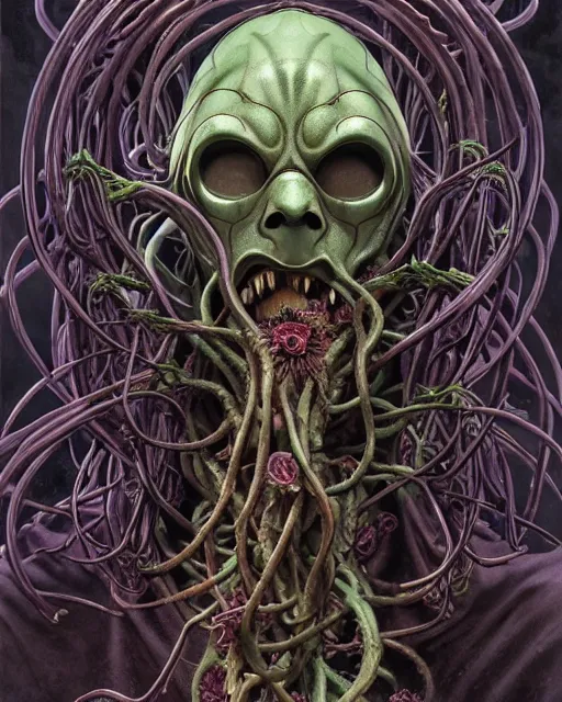 Image similar to the platonic ideal of flowers and roots of cletus kasady ultimate carnage dementor doctor doom gorgon chtulu nazgul, medusa detailed, intricate, hyperrealism, intense, scary, decay, dmt, art by brock hofer and artgerm and greg rutkowski and alphonse mucha