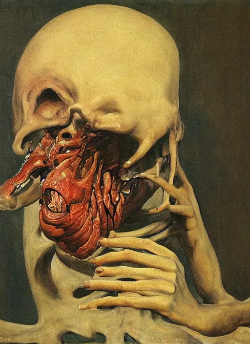 Prompt: a teratoma in the middle of a museum room realizing that he has consciousness his misshapen face expresses horror painted by edward hooper and goya and giorgio de chirico