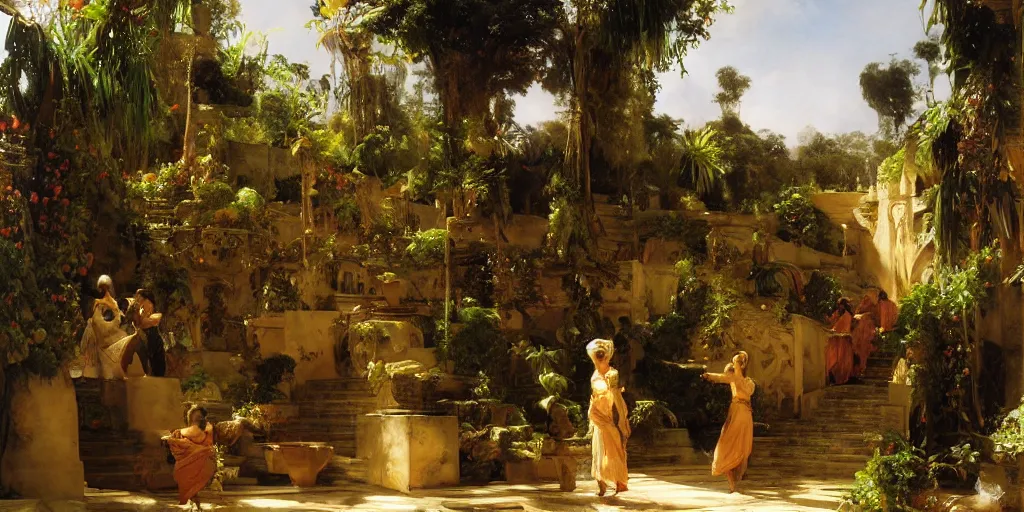 Image similar to beautiful landscape oil matte painting, of bustling empire hanging gardens of babylon, art by anders zorn, wonderful masterpiece highly detailed, beautiful cinematic light deep focus, elegant, digital painting, smooth, sharp focus, golden ratio, dramatic illumination, ultra realistic, 8 k, art by artemisia lomi gentileschi and caravaggio