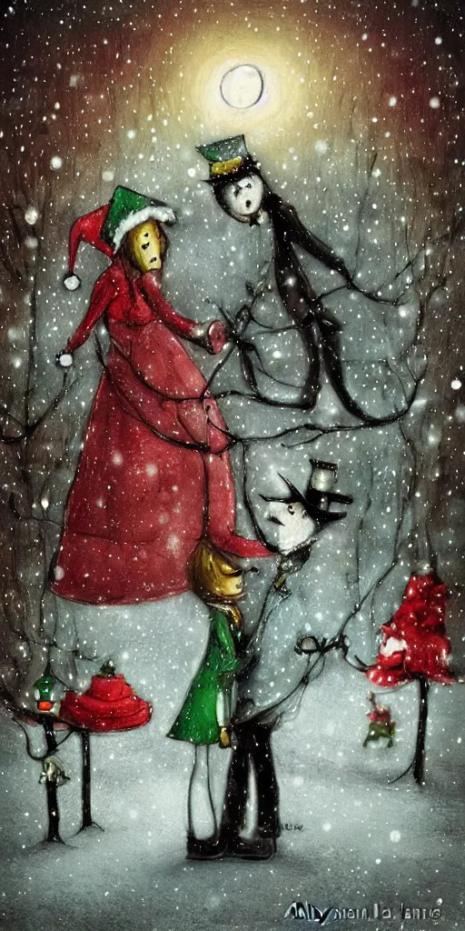 Image similar to a christmas night ice skating couples scene by alexander jansson