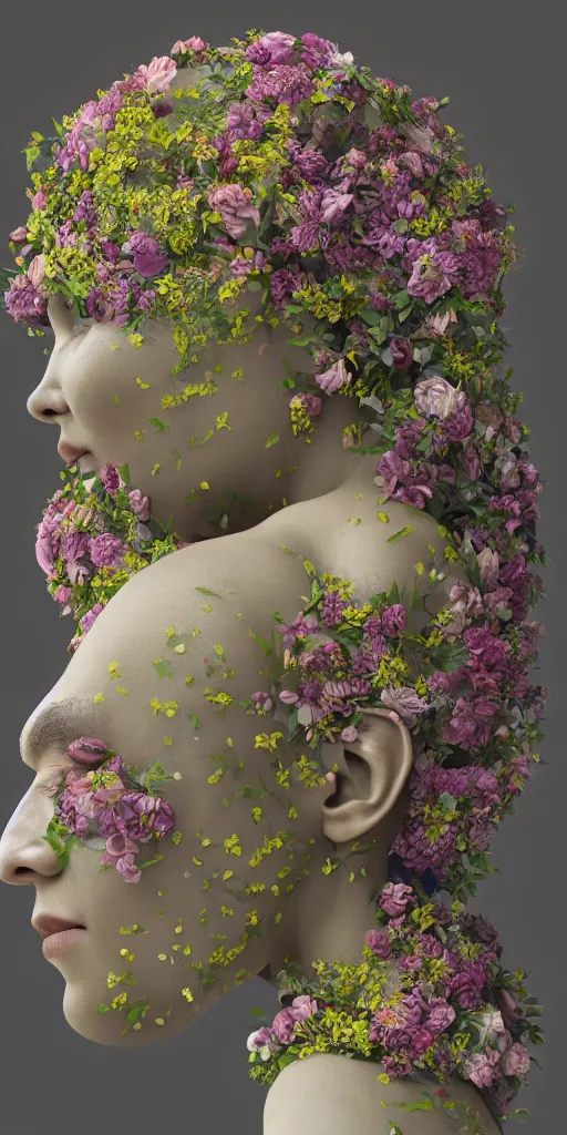 Image similar to a sculpture of human bodies intertwined, a lovely cornucopia of flowers and human body parts, body parts, highly detailed, octane render, cinematic