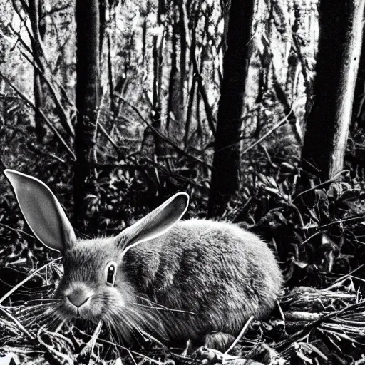 Image similar to fish eye footage of a death rabbit with human face in the forest, black and white night