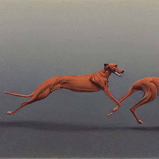 Prompt: a greyhound race in the style of zdzisław beksinski