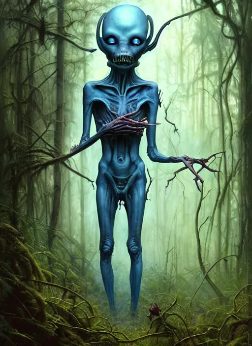 Prompt: hyper realistic spooky alien in the woods in a river gorgeous lighting, lush forest foliage blue sky a hyper realistic painting by chiara bautista and beksinski and norman rockwell and greg rutkowski, tom bagshaw weta studio, and lucasfilm