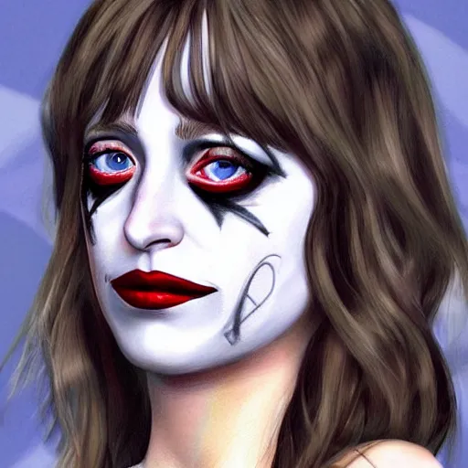 Image similar to beautiful dakota johnson with joker makeup, highly detailed, realistic face, detailed face, amazing digital art