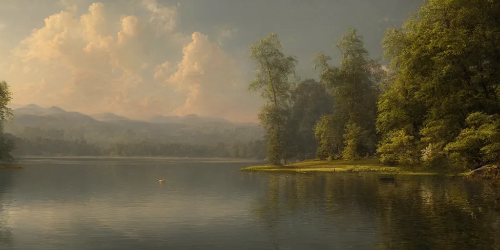 Image similar to a beautiful lake landscape in summer, by Ernest deutsch + Ted Nasmith, cinematic lighting, masterpiece, highly detailed, 8k resolution, trending on art station