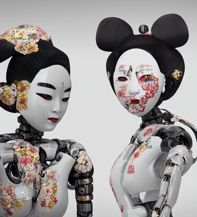 Image similar to full body portrait of a highly advanced organic robot with a porcelain japanese geisha face mask with kanji tattoos and decals, japanese model, octane render, intricate details, ultra realistic