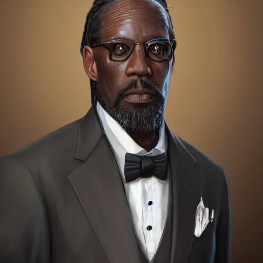 Prompt: a portrait of an older black man with dreads and a suit with a monocle on, D&D, sci-fi, elegant, hopeful, muscular, highly detailed, digital painting, artstation, concept art, smooth, sharp focus, illustration