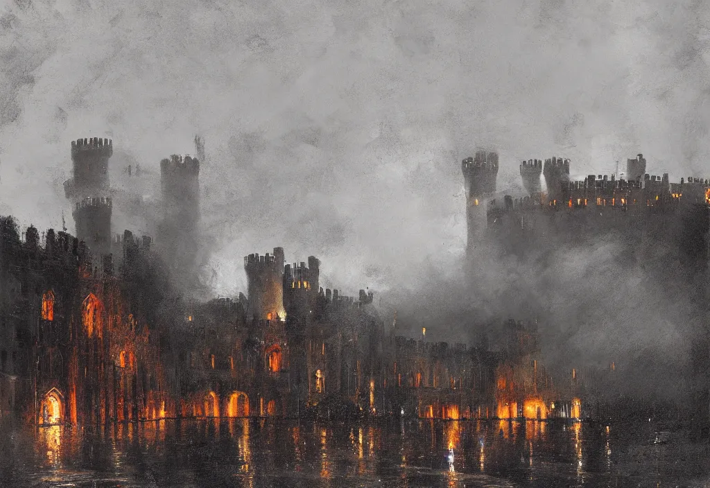 Prompt: windsor castle on fire, artstation, jakub rozalski, high detail, dramatic lighting, night, rain