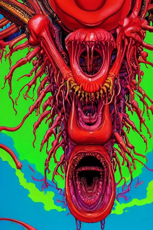 Prompt: a colorful vibrant closeup portrait of a xenomorph licking a tab of LSD acid on his tongue and dreaming psychedelic hallucinations, by kawase hasui, moebius, Edward Hopper and James Gilleard, Zdzislaw Beksinski, Steven Outram colorful flat surreal design, hd, 8k, artstation