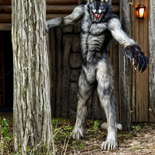 Prompt: werewolf standing outside of log cabin