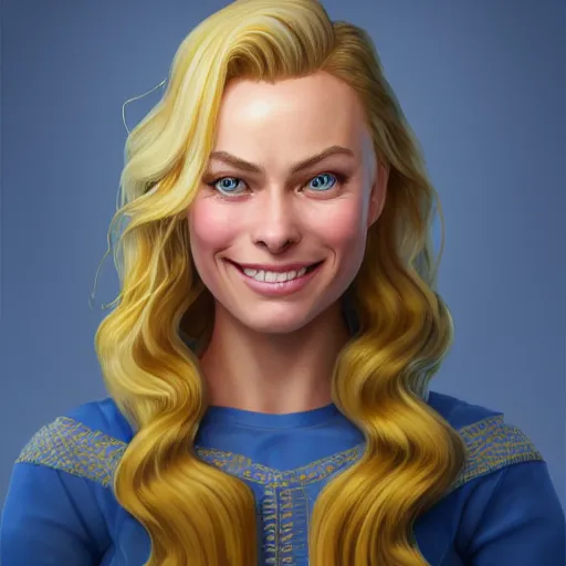 Prompt: an insanely detailed realistic depiction of smiling haley from stardew valley, flowing golden blonde hair, sapphire blue eyes, perfect makeup, perfect teeth, wearing lovely blue dress, looks like smiling margot robbie, in the style of peter mohrbacher, artgerm, dramatic lighting and composition, octane render, trending on artstation, concept art 8 k