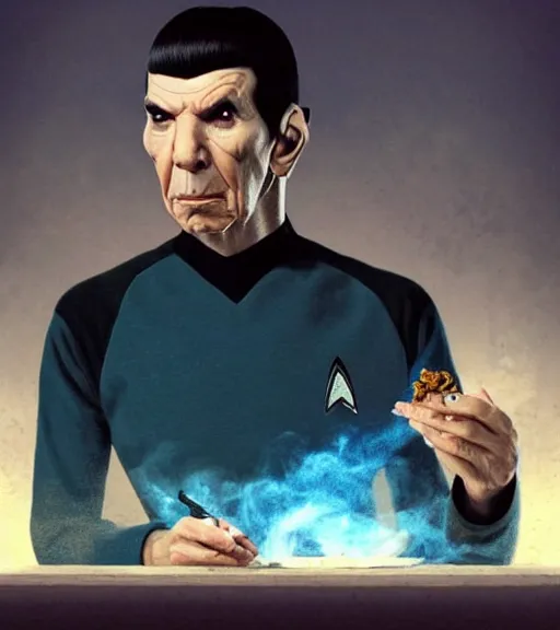 Image similar to spock smoking a joint, smoking marihuana, smoke, weed, blunt, realistic, 8 k, extremely detailed, cgi, trending on artstation, hyper - realistic render, 4 k hd wallpaper, premium prints available, by greg rutkowski