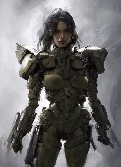 Image similar to a professional painting of a beautiful young female, clothed in military armor, olive skin, long dark hair, beautiful bone structure, symmetrical facial features, intricate, elegant, digital painting, concept art, smooth, sharp focus, illustration, from Metal Gear, by Ruan Jia and Mandy Jurgens and Artgerm and William-Adolphe Bouguerea