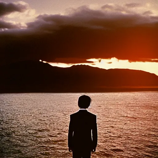 Image similar to japanese man with long hair wearing a beige suit and black pants standing in the ocean, facing the camera, face visible, sunset, night, wide shot, tatsuro yamashita, album cover, 1980s japan, grammy award winning