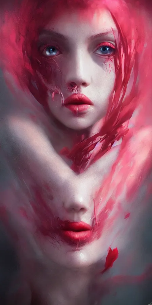 Image similar to shot of sinister girl with pouty aerochrome lips, fungal, adorable, expressive eyes, playful pose of a dancer, greg rutkowski, charlie bowater, yuumei, stephen gammell, unreal 5, daz, hyperrealistic, octane render, dark, dynamic lighting, fantasy art, beautiful face