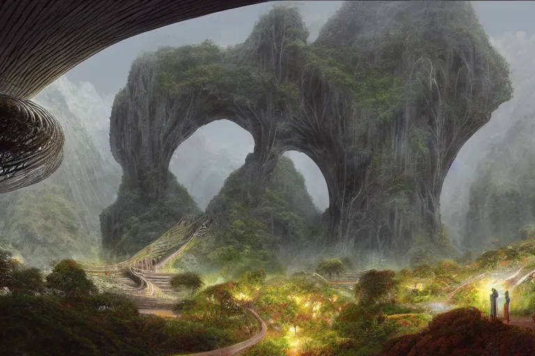 Image similar to Rivendell Himeji hallucination, mazing concept painting, by Jessica Rossier A gleaming white opera hall fortress overlooks a fertile valley, brutalist deak ferrand Jean-pierre Ugarte bases, garden of eden, by HR giger by Beksinski,